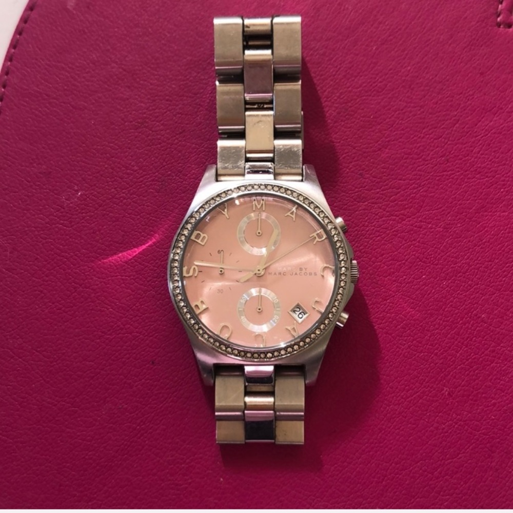 Marc Jacobs Silver Link Watch with Baby Pink Face